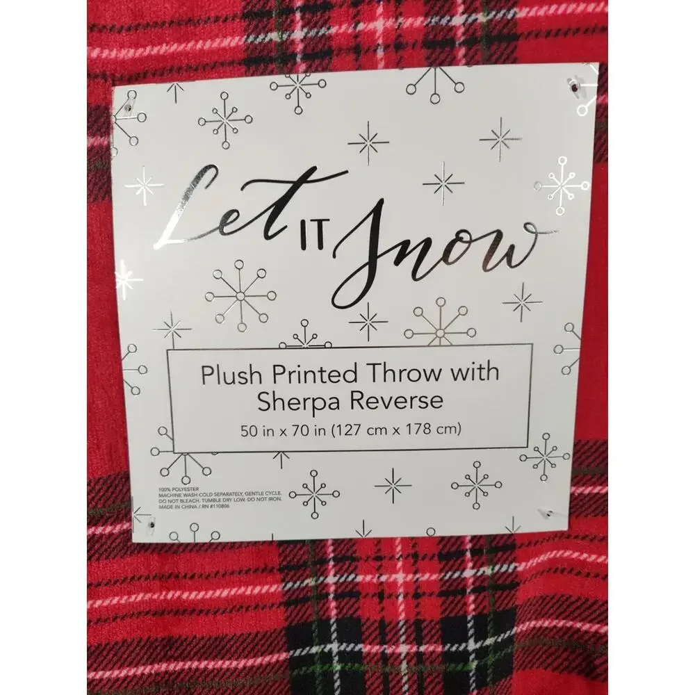 Let It Snow Plush Printer Throw  Sherpa Reverse 50X70 Red Plaid Print NWT